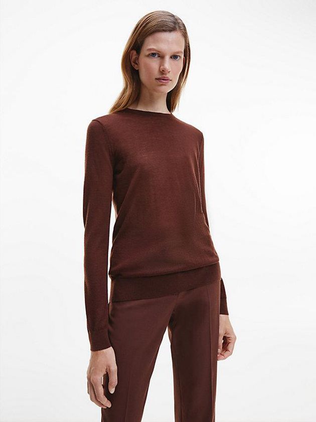 Calvin Klein USA Slim Merino Wool Jumper Womens Sweater Brown 8471965-TR